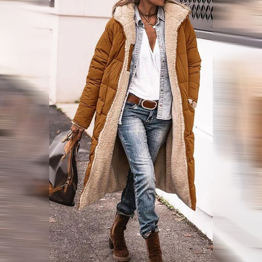 Hazel Long Quilted Coat with Teddy-Look Lining in Coffee