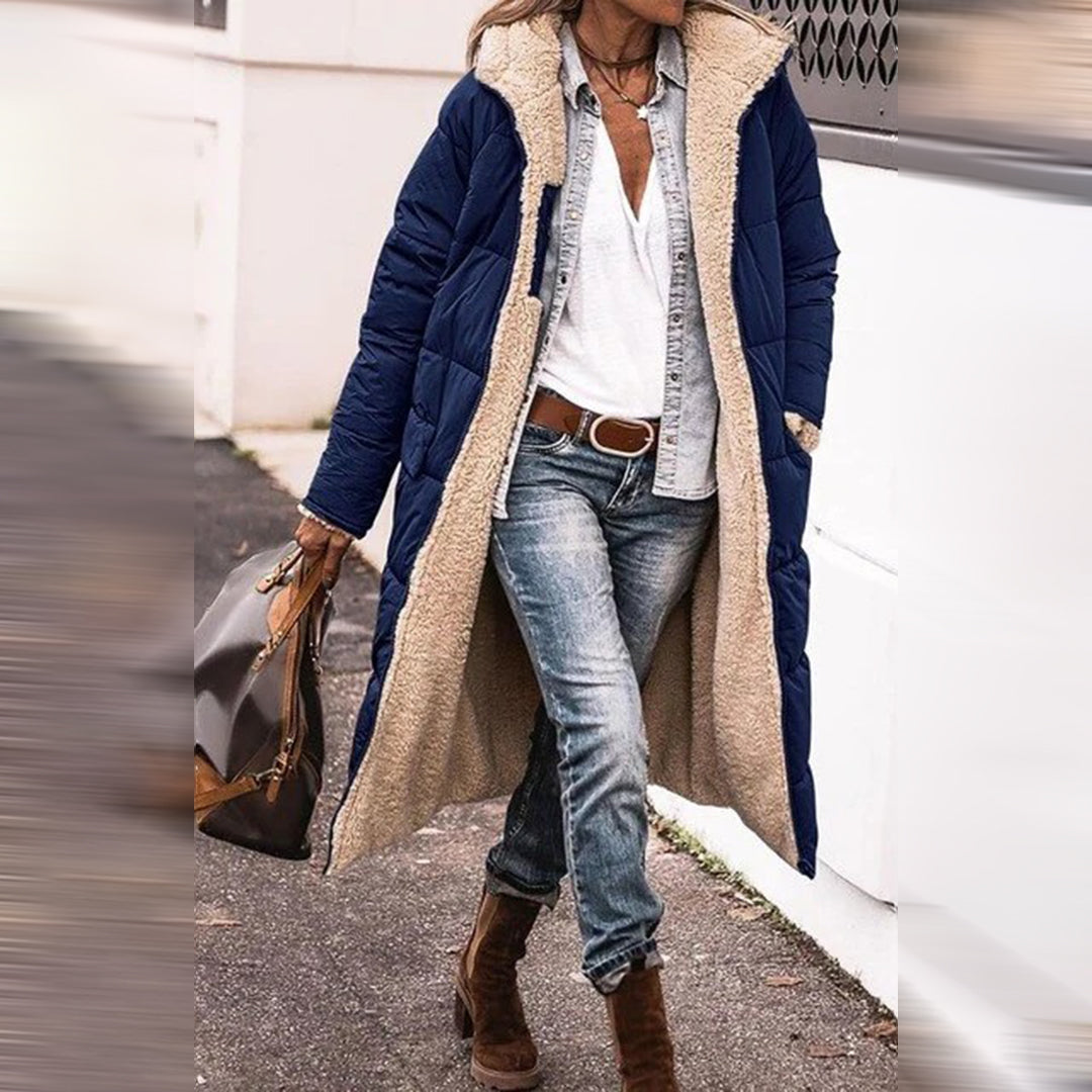 Hazel Long Quilted Coat with Teddy-Look Lining in Navy