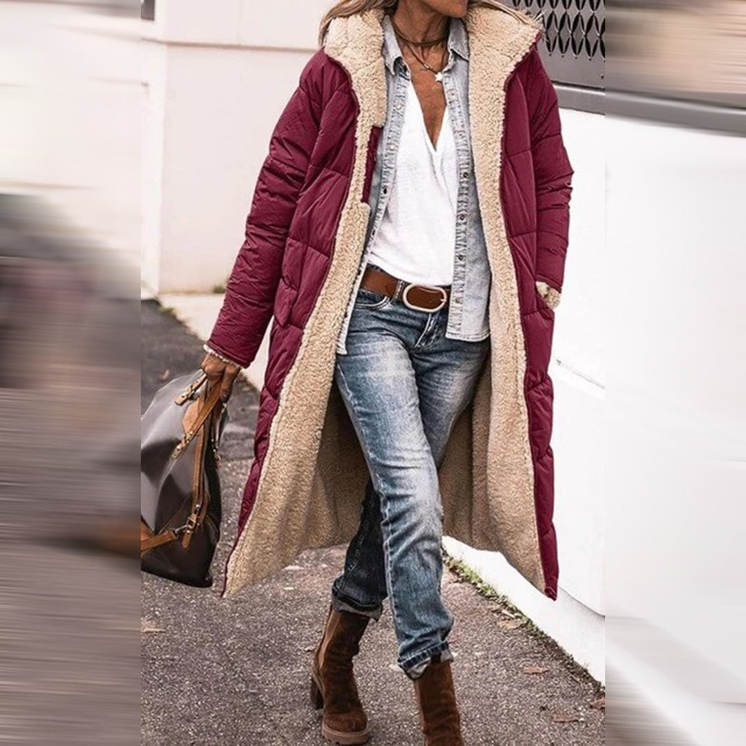 Hazel Long Quilted Coat with Teddy-Look Lining in Wine Red