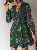 Hollis Floral Mini Dress with Balloon Sleeves and V-Neck in Green