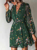 Hollis Floral Mini Dress with Balloon Sleeves and V-Neck in Green
