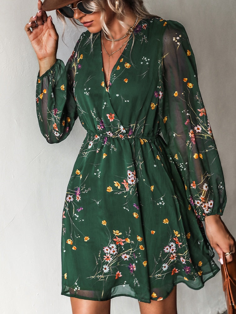 Hollis Floral Mini Dress with Balloon Sleeves and V-Neck in Green