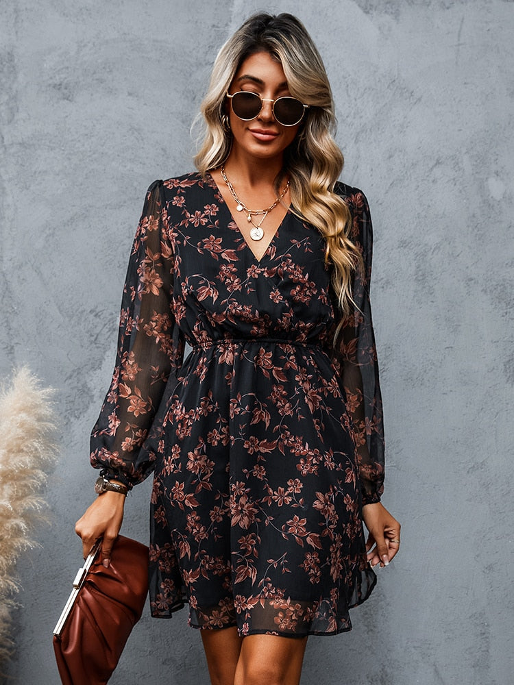 Hollis Floral Mini Dress with Balloon Sleeves and V-Neck in Black