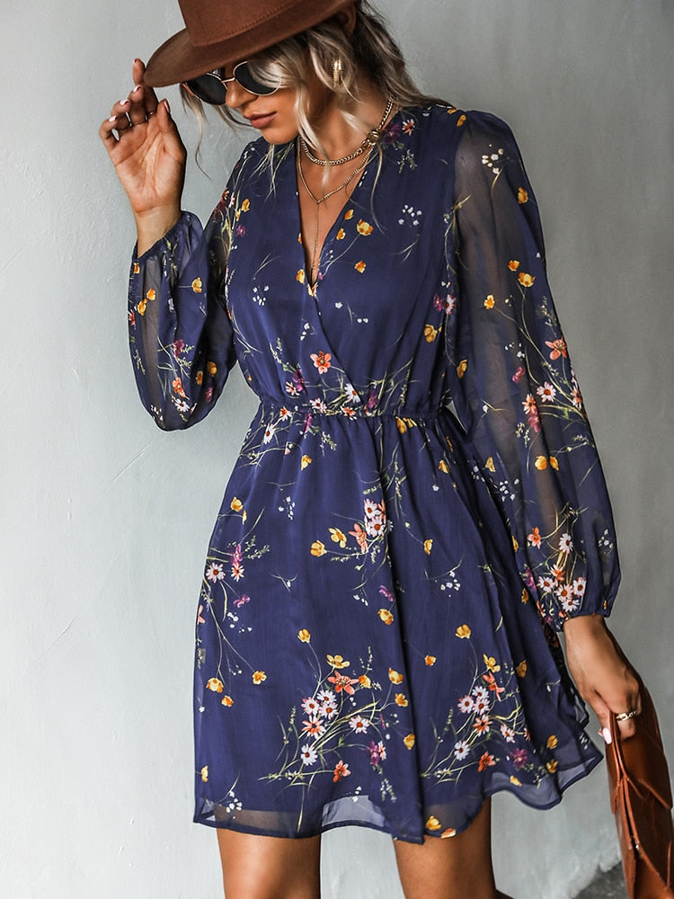 Hollis Floral Mini Dress with Balloon Sleeves and V-Neck in Blue