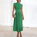 Ilaria Pleated Midi Dress with High Neck and Open Back in Green