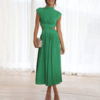 Ilaria Pleated Midi Dress with High Neck and Open Back in Green