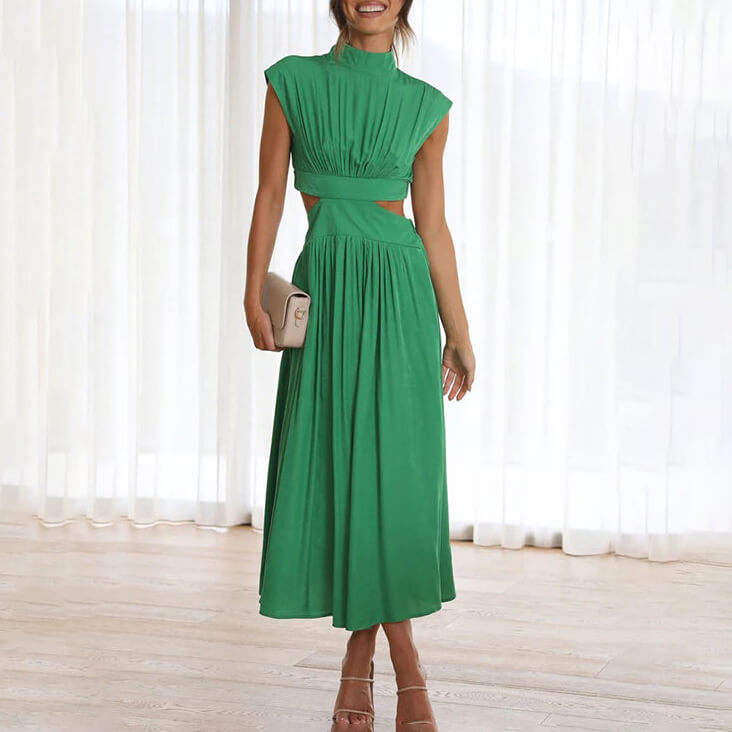 Ilaria Pleated Midi Dress with High Neck and Open Back in Green