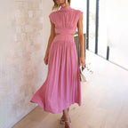 Ilaria Pleated Midi Dress with High Neck and Open Back in Pink