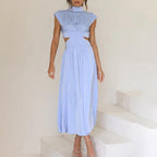 Ilaria Pleated Midi Dress with High Neck and Open Back in Light Blue