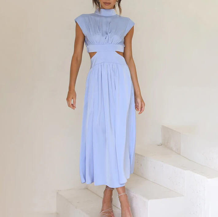 Ilaria Pleated Midi Dress with High Neck and Open Back in Light Blue