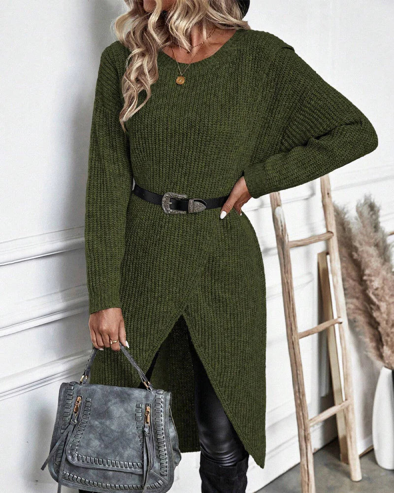 Imogen Longline Sweater with Wrap-Over Front and High Neck in Green