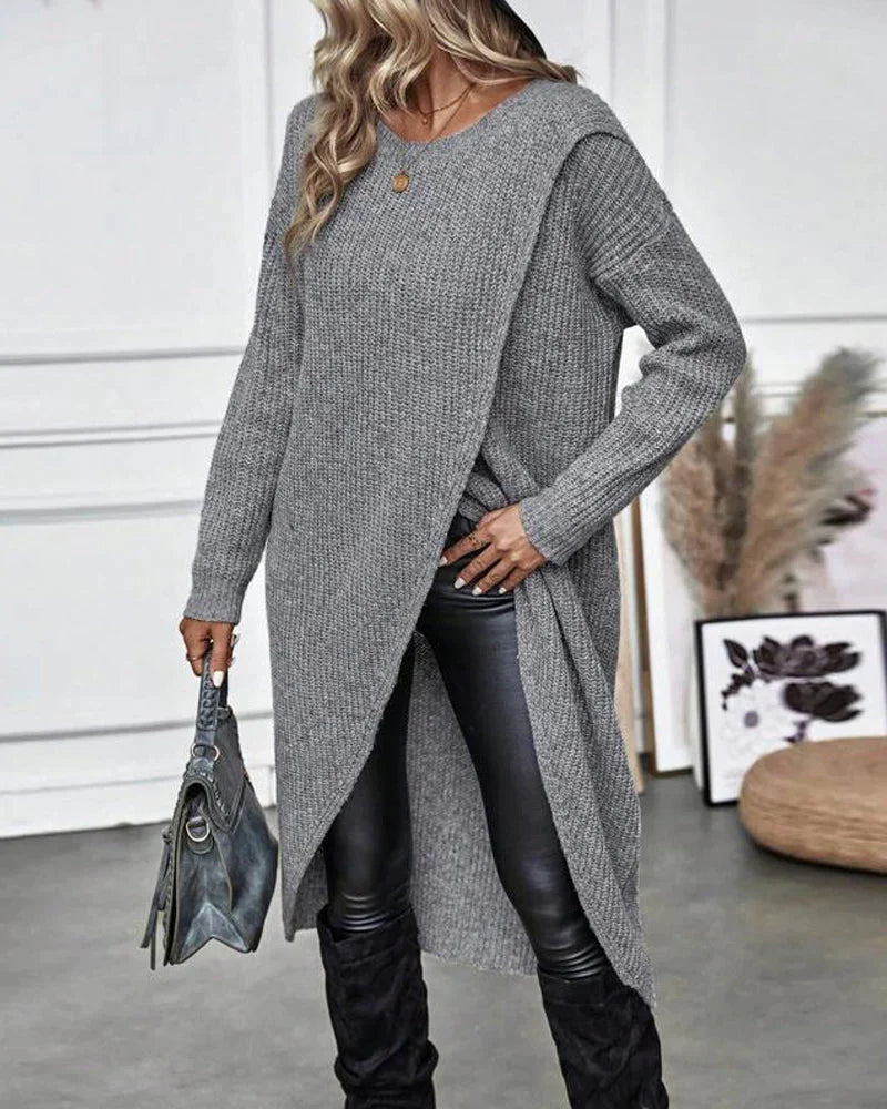 Imogen Longline Sweater with Wrap-Over Front and High Neck in Grey