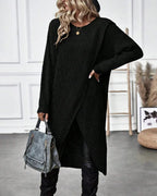 Imogen Longline Sweater with Wrap-Over Front and High Neck in Black