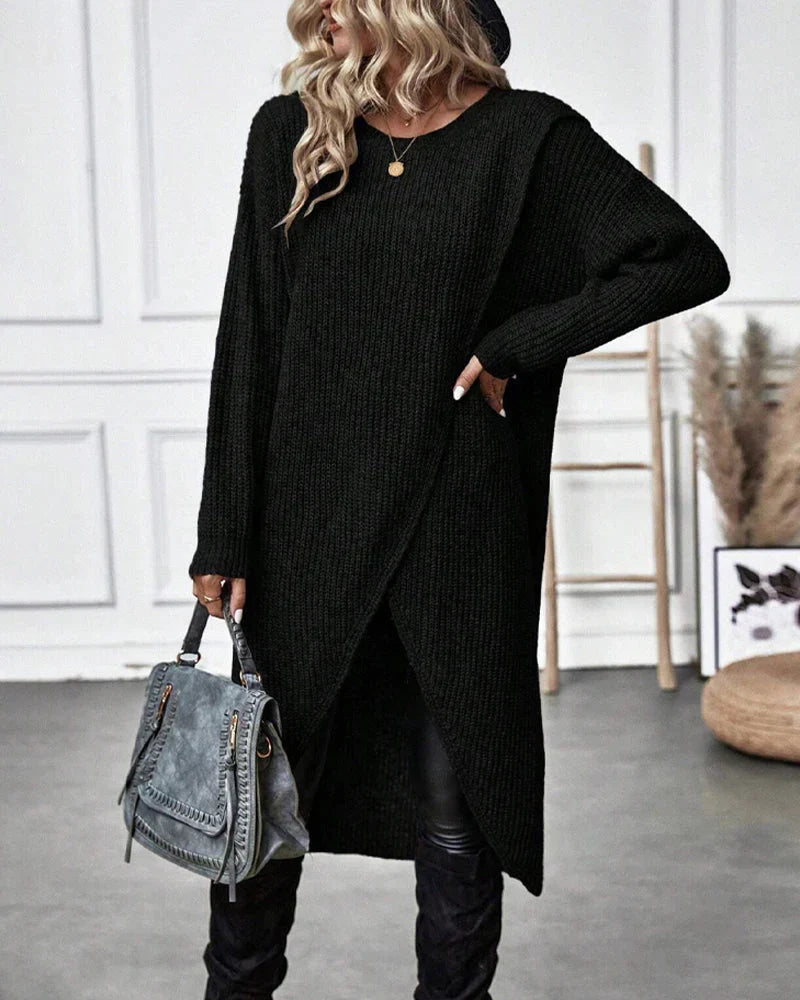 Imogen Longline Sweater with Wrap-Over Front and High Neck in Black