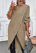Imogen Longline Sweater with Wrap-Over Front and High Neck in Khaki