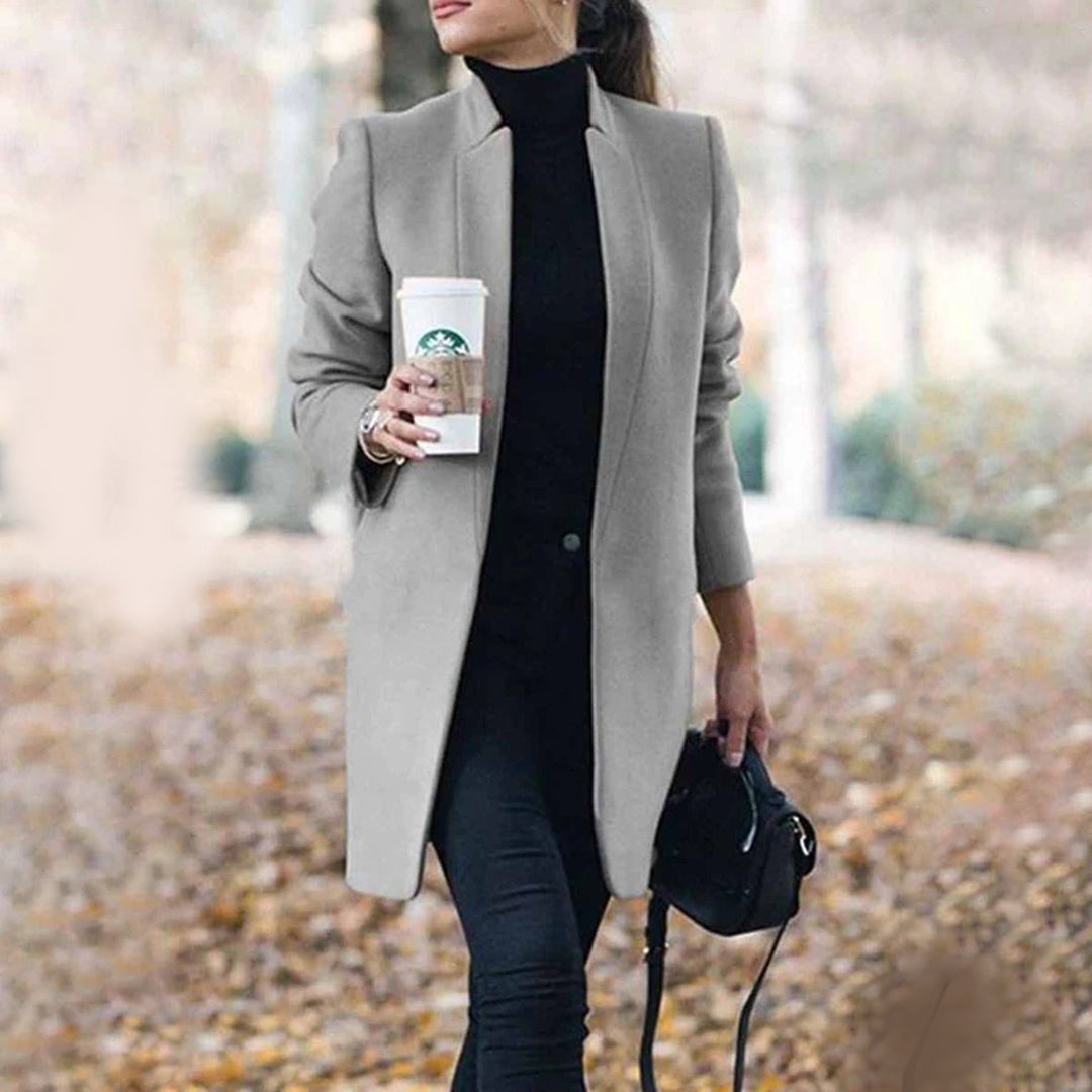 Irina Straight Coat with Stand Collar and Side Pockets in Grey