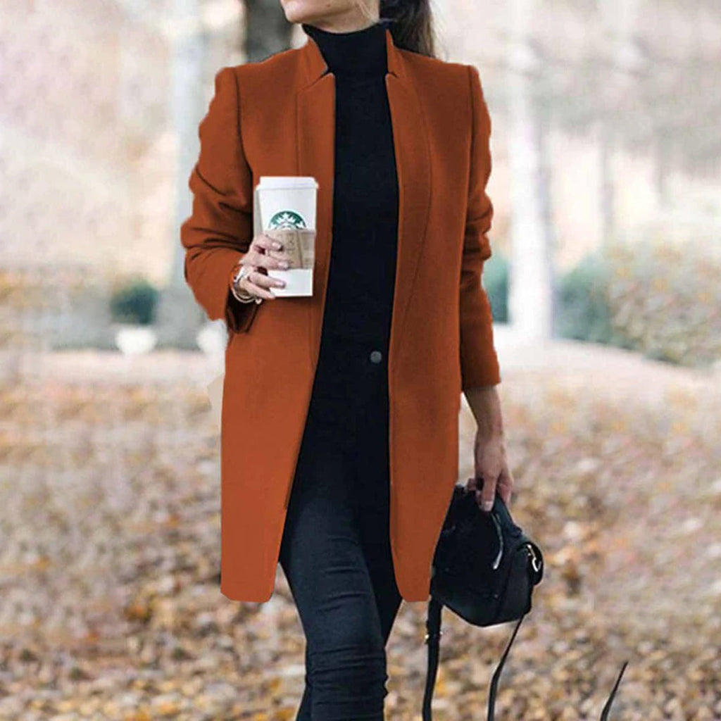 Irina Straight Coat with Stand Collar and Side Pockets in Caramel