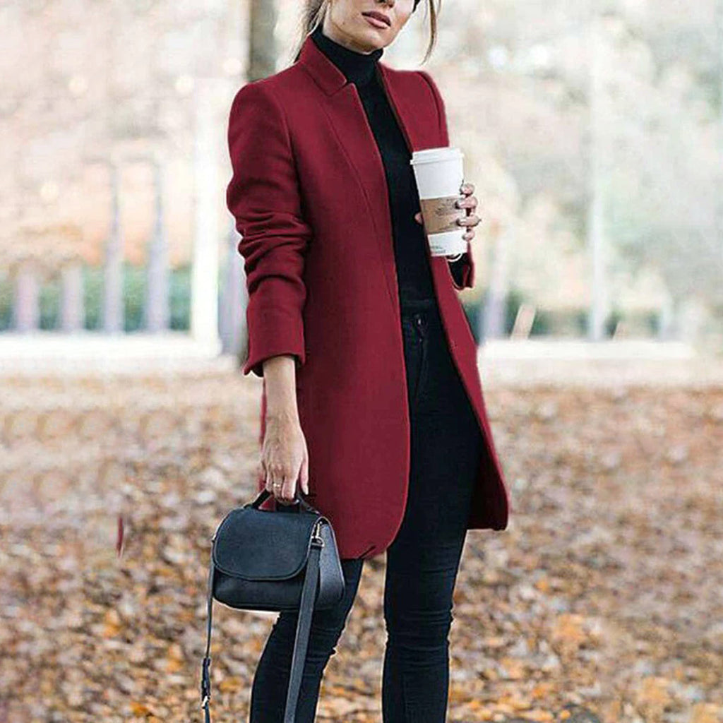 Irina Straight Coat with Stand Collar and Side Pockets in Wine Red