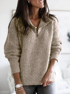 Isabelle Quarter-Zip Sweater with Collar and Marled Knit in Khaki