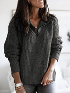 Isabelle Quarter-Zip Sweater with Collar and Marled Knit in Dark Grey