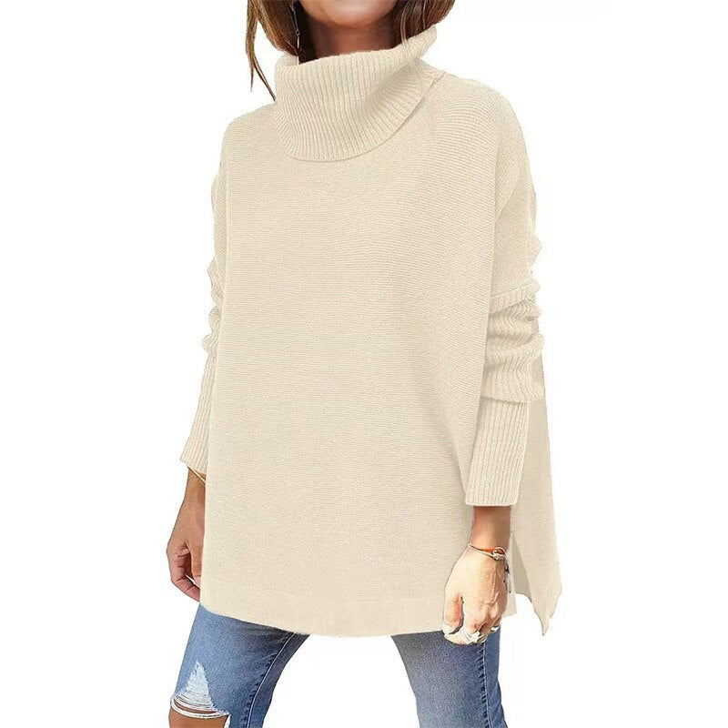 Jessica Oversized Turtleneck Tunic with Dropped Shoulders in Beige
