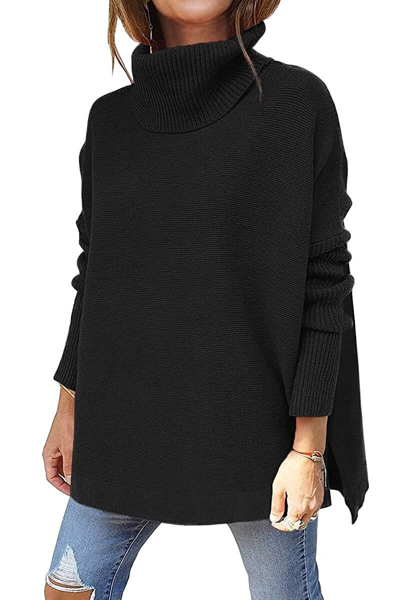 Jessica Oversized Turtleneck Tunic with Dropped Shoulders in Black