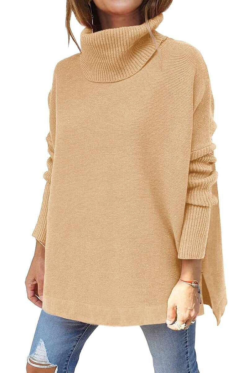 Jessica Oversized Turtleneck Tunic with Dropped Shoulders in Brown