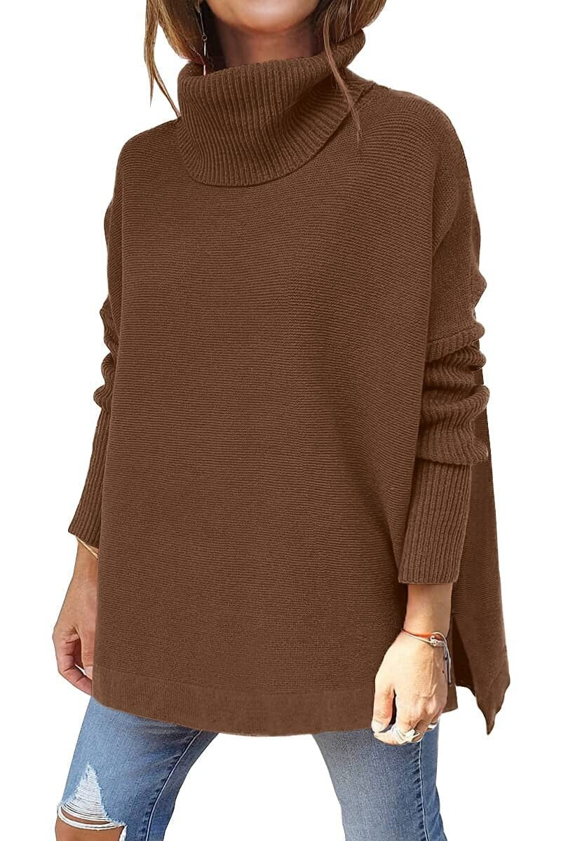 Jessica Oversized Turtleneck Tunic with Dropped Shoulders in Dark Brown