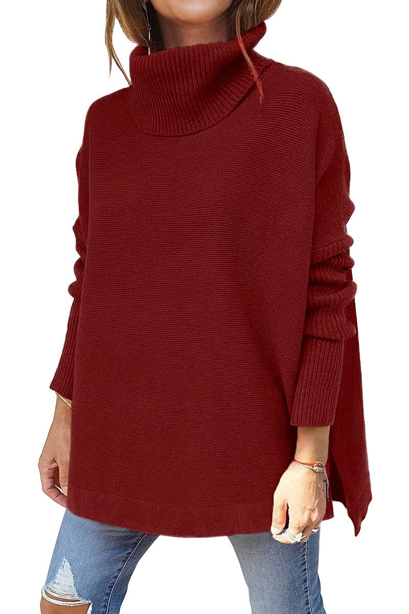 Jessica Oversized Turtleneck Tunic with Dropped Shoulders in Red