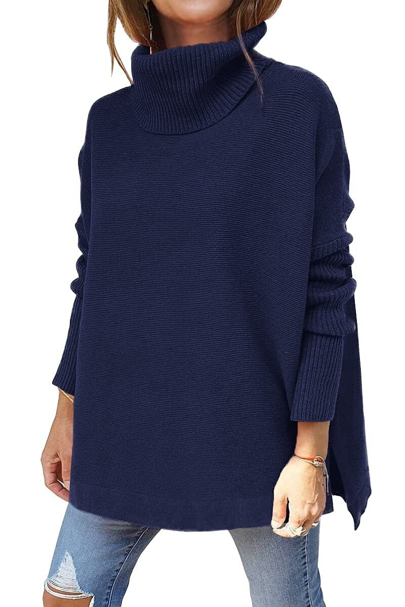 Jessica Oversized Turtleneck Tunic with Dropped Shoulders in Blue