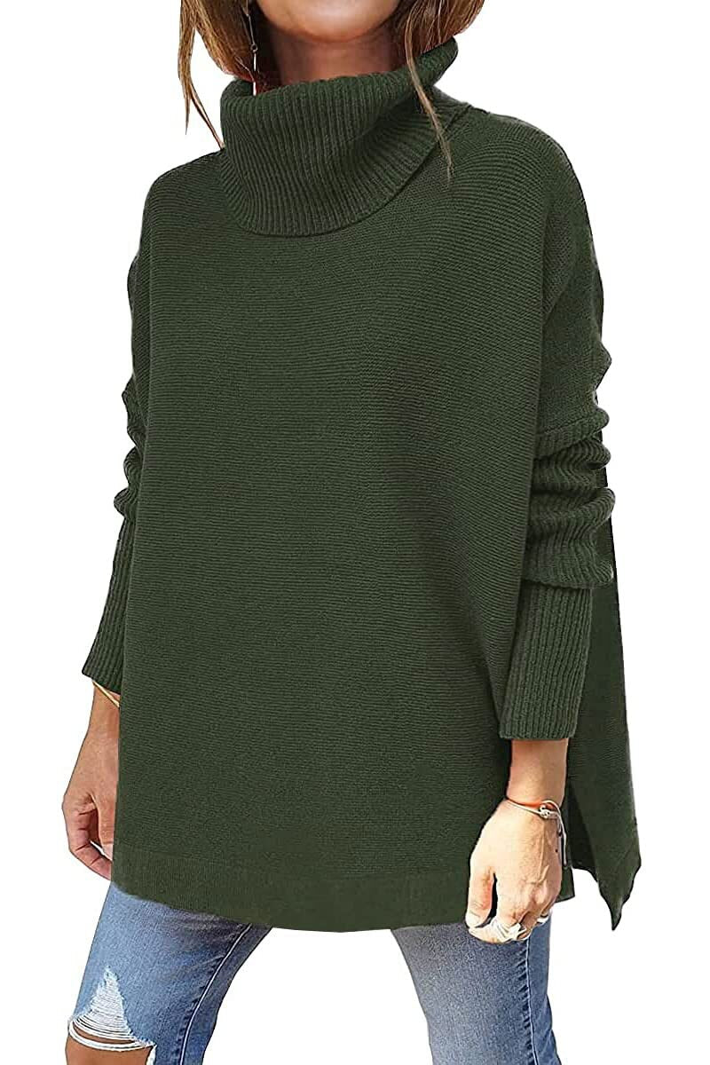 Jessica Oversized Turtleneck Tunic with Dropped Shoulders in Green