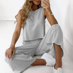 Karla Sleeveless Set with Boxy Top and Wide Trousers in Light Grey