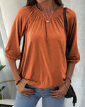 Kira Round Neck Top with Gathered Yoke and Puff Sleeves in Orange