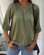 Kira Round Neck Top with Gathered Yoke and Puff Sleeves in Army Green