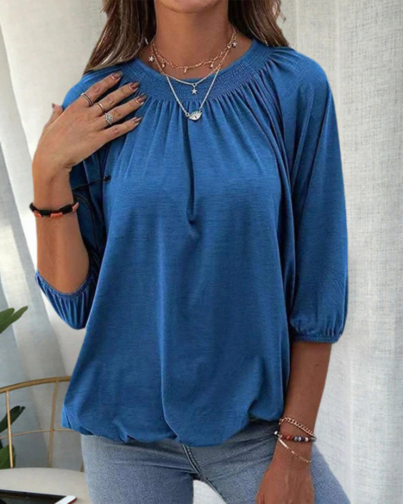 Kira Round Neck Top with Gathered Yoke and Puff Sleeves in Blue
