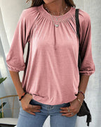 Kira Round Neck Top with Gathered Yoke and Puff Sleeves in Pink