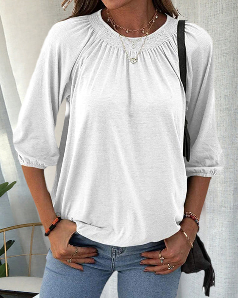 Kira Round Neck Top with Gathered Yoke and Puff Sleeves in White