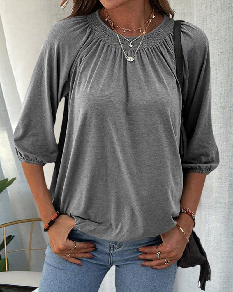 Kira Round Neck Top with Gathered Yoke and Puff Sleeves in Grey