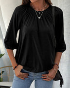 Kira Round Neck Top with Gathered Yoke and Puff Sleeves in Black