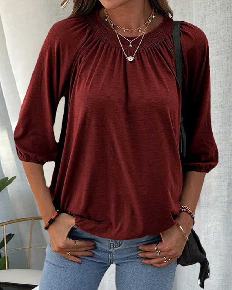 Kira Round Neck Top with Gathered Yoke and Puff Sleeves in Burgundy