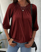 Kira Round Neck Top with Gathered Yoke and Puff Sleeves in Burgundy