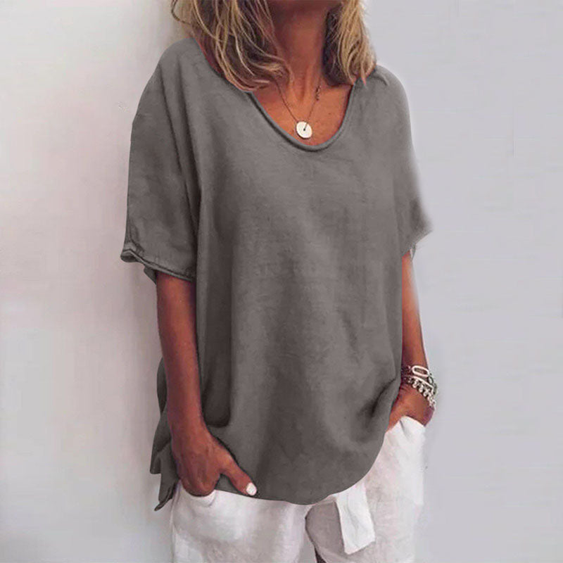 Lara Loose V-Neck Top with Rolled Short Sleeves in Dark Grey