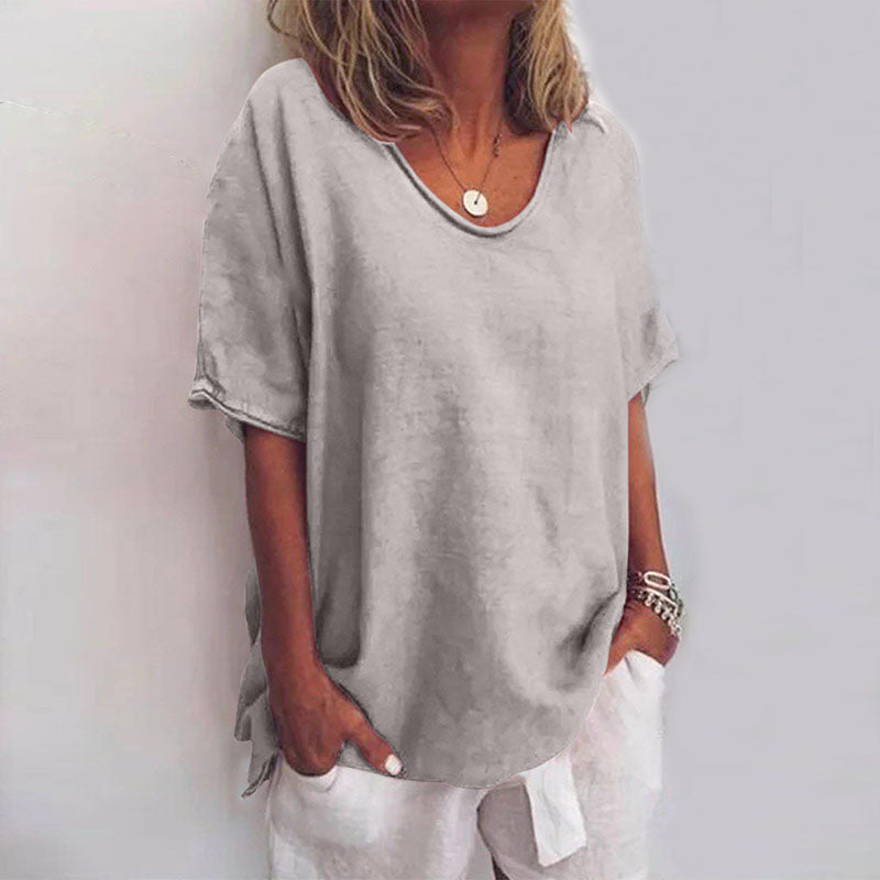 Lara Loose V-Neck Top with Rolled Short Sleeves in Grey