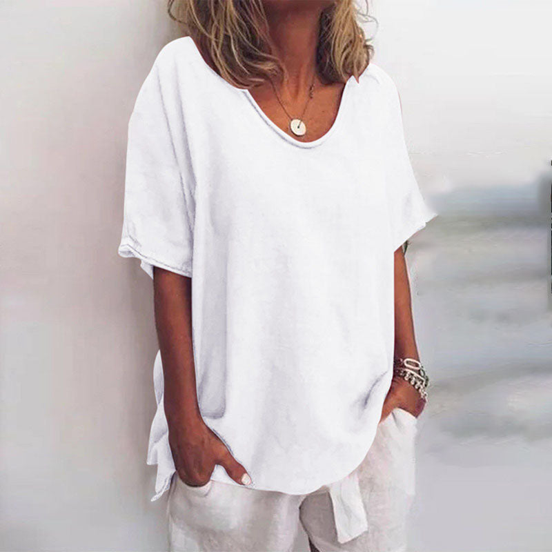 Lara Loose V-Neck Top with Rolled Short Sleeves in White