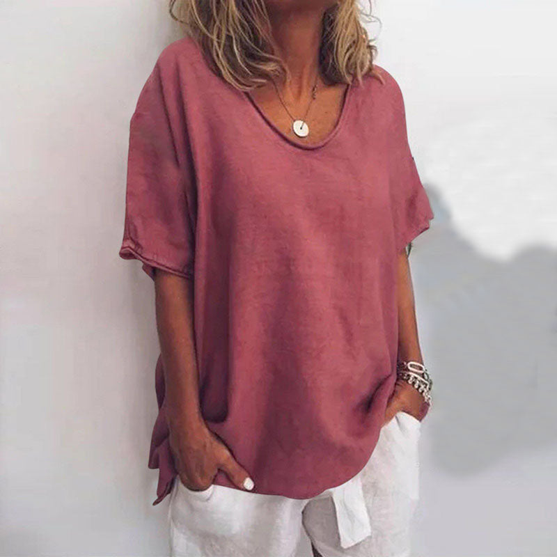 Lara Loose V-Neck Top with Rolled Short Sleeves in Dark Pink