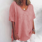 Lara Loose V-Neck Top with Rolled Short Sleeves in Pink