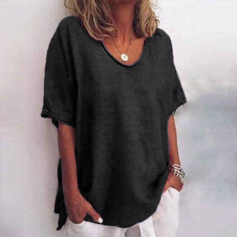 Lara Loose V-Neck Top with Rolled Short Sleeves in Black