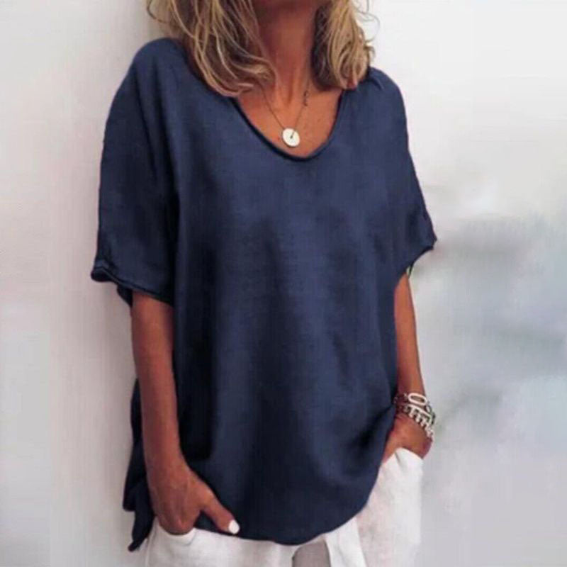 Lara Loose V-Neck Top with Rolled Short Sleeves in Navy