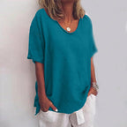 Lara Loose V-Neck Top with Rolled Short Sleeves in Ocean Blue