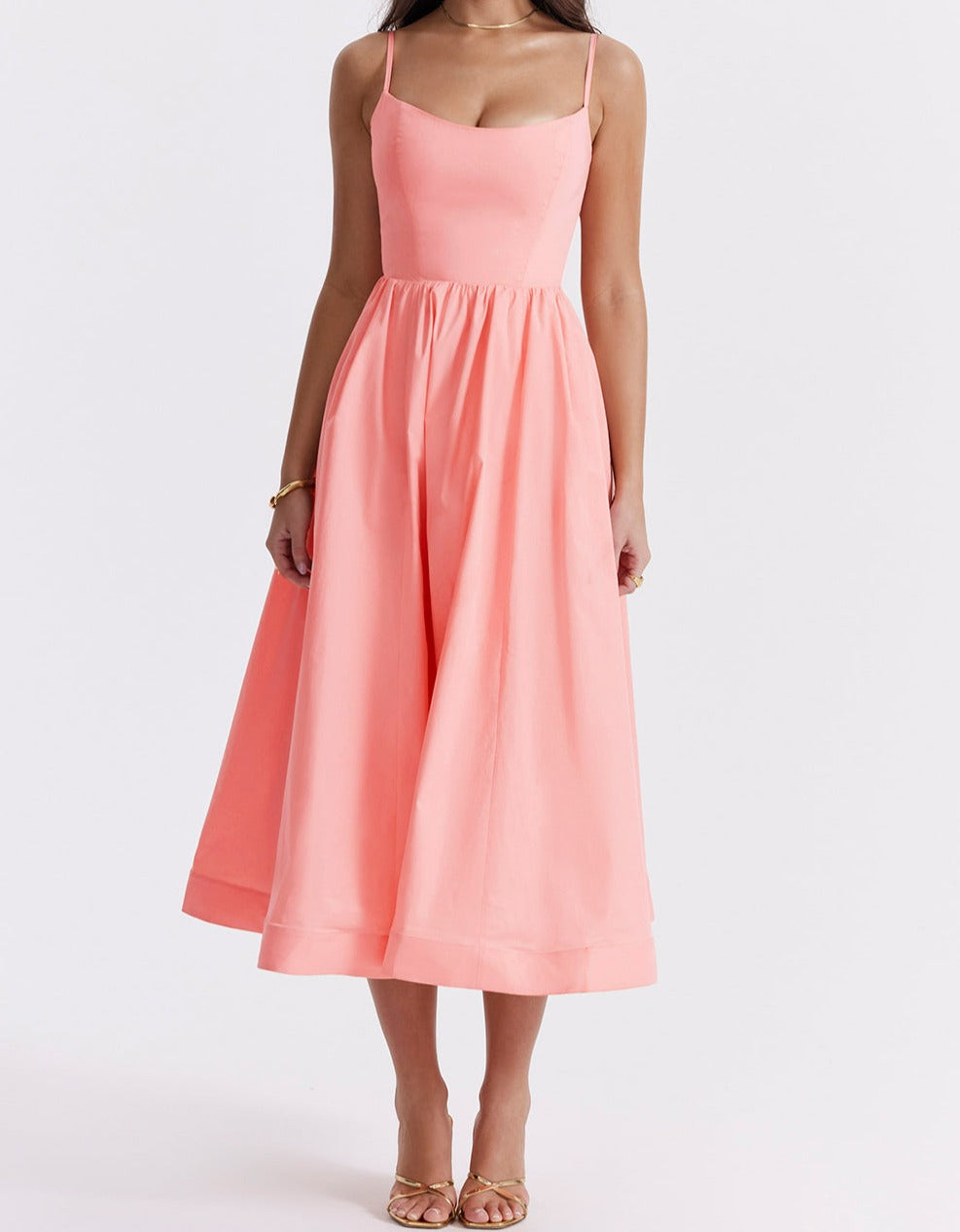 Lara Sleeveless Midi Dress with Full Skirt and Pockets in Pink